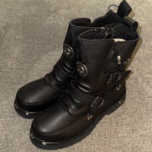 Harley-Davidson Distortion Skull Metal Black Leather Boots with Buckle Straps